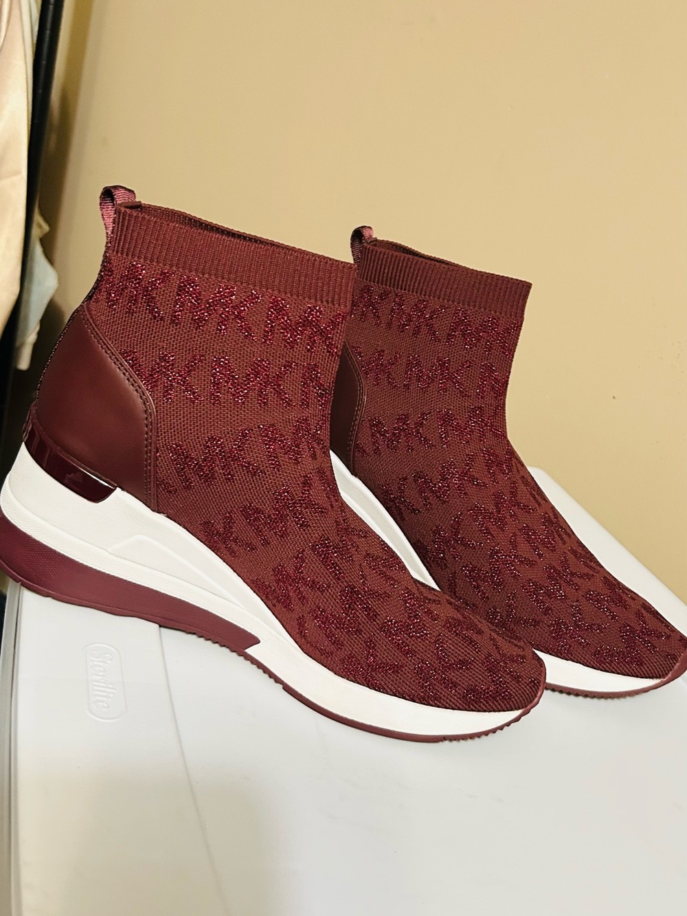 Michael Kors Women's Maroon Knit Slip-On Sneaker Boot